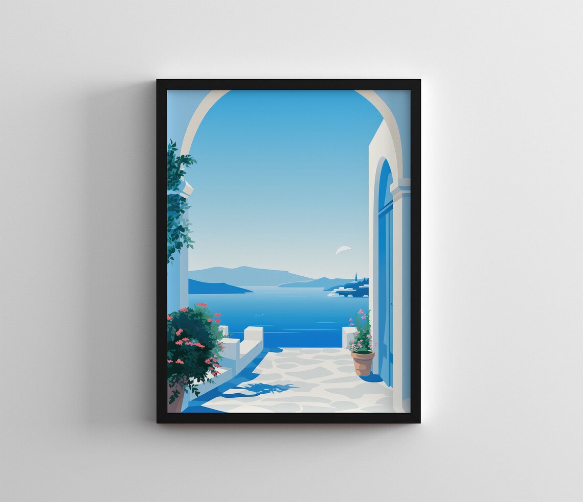 Santorini Greece Archway Aegean Sea View Blue Travel Art Poster - Image 3