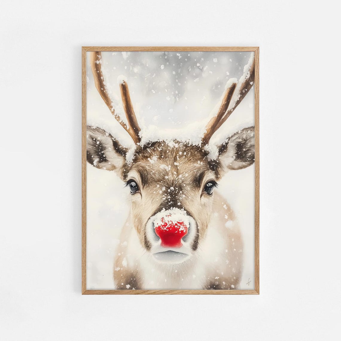 Cute Red Nosed Reindeer in Falling Snow Christmas Watercolor Poster