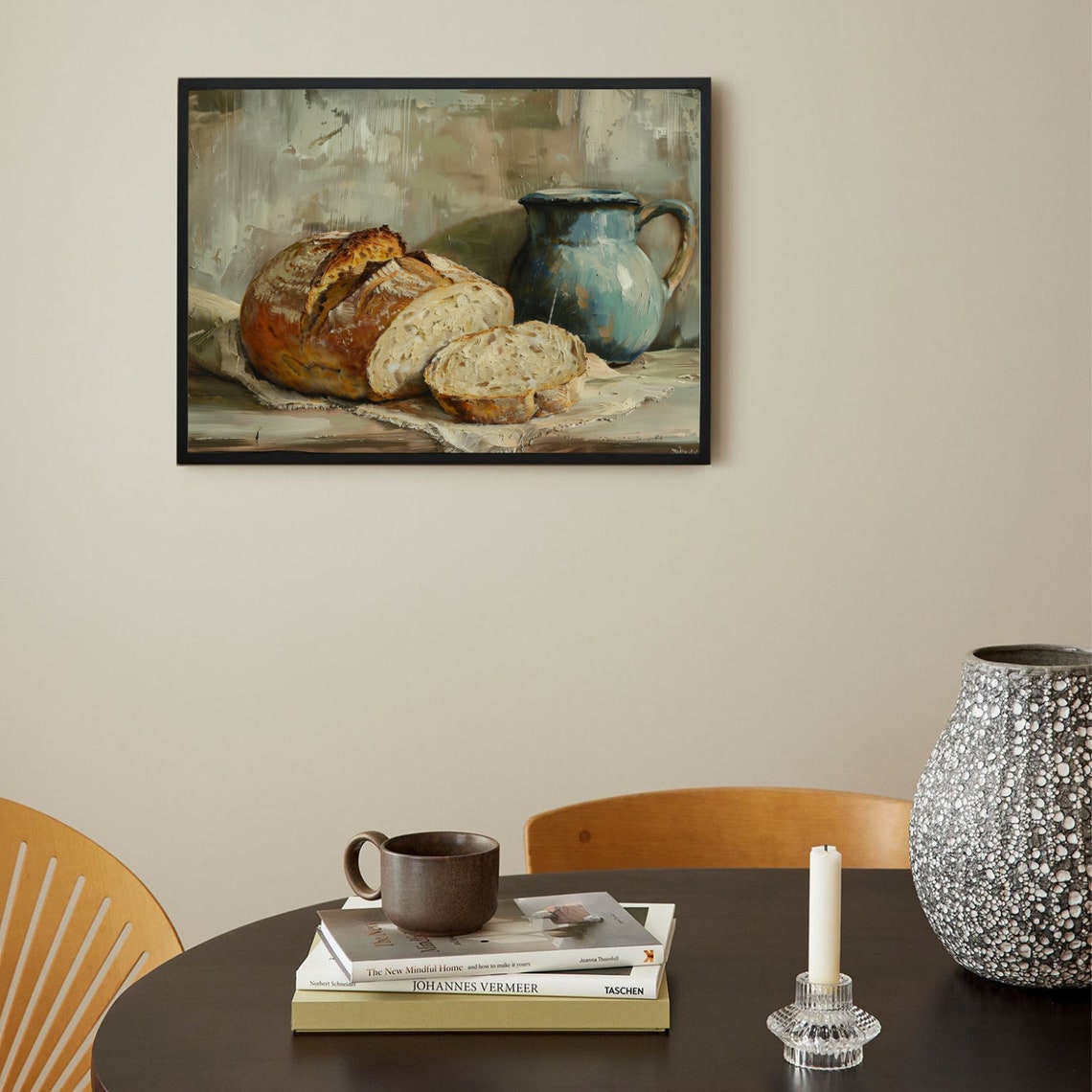Rustic Bread Loaf And Blue Pitcher Country Kitchen Painting Poster - Image 2