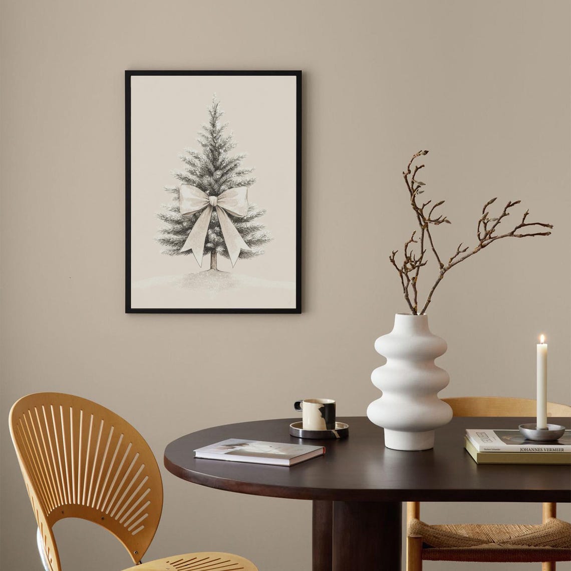 Snowy Christmas Tree With Cream Bow Neutral Winter Art Poster - Image 2