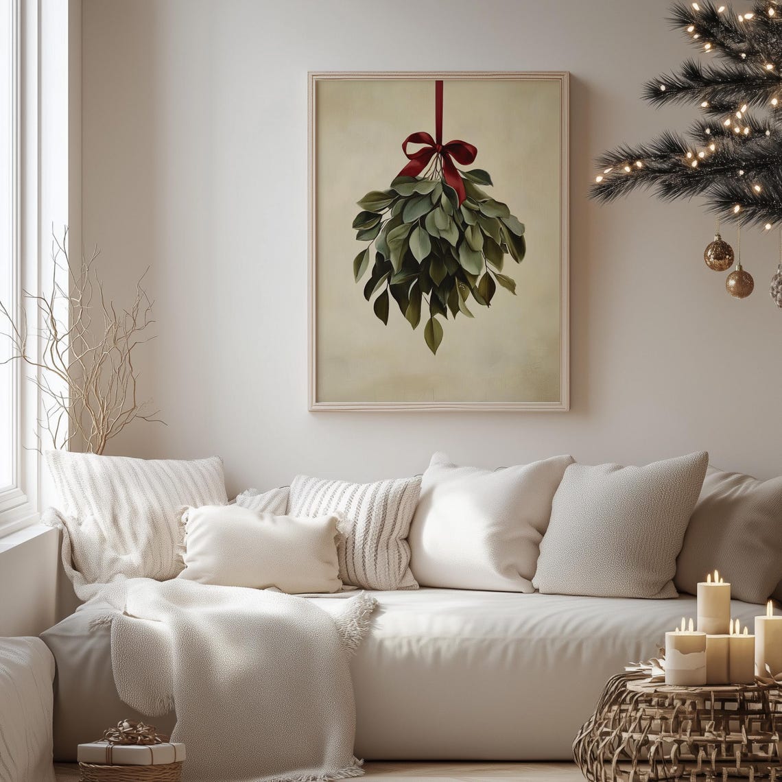 Vintage Mistletoe Red Bow Cream Background Holiday Art Poster - Image 4