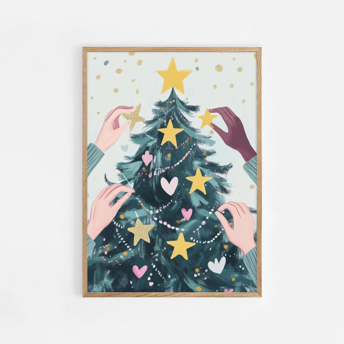 Hands Decorating Christmas Tree Star Ornaments Joyful Art Poster