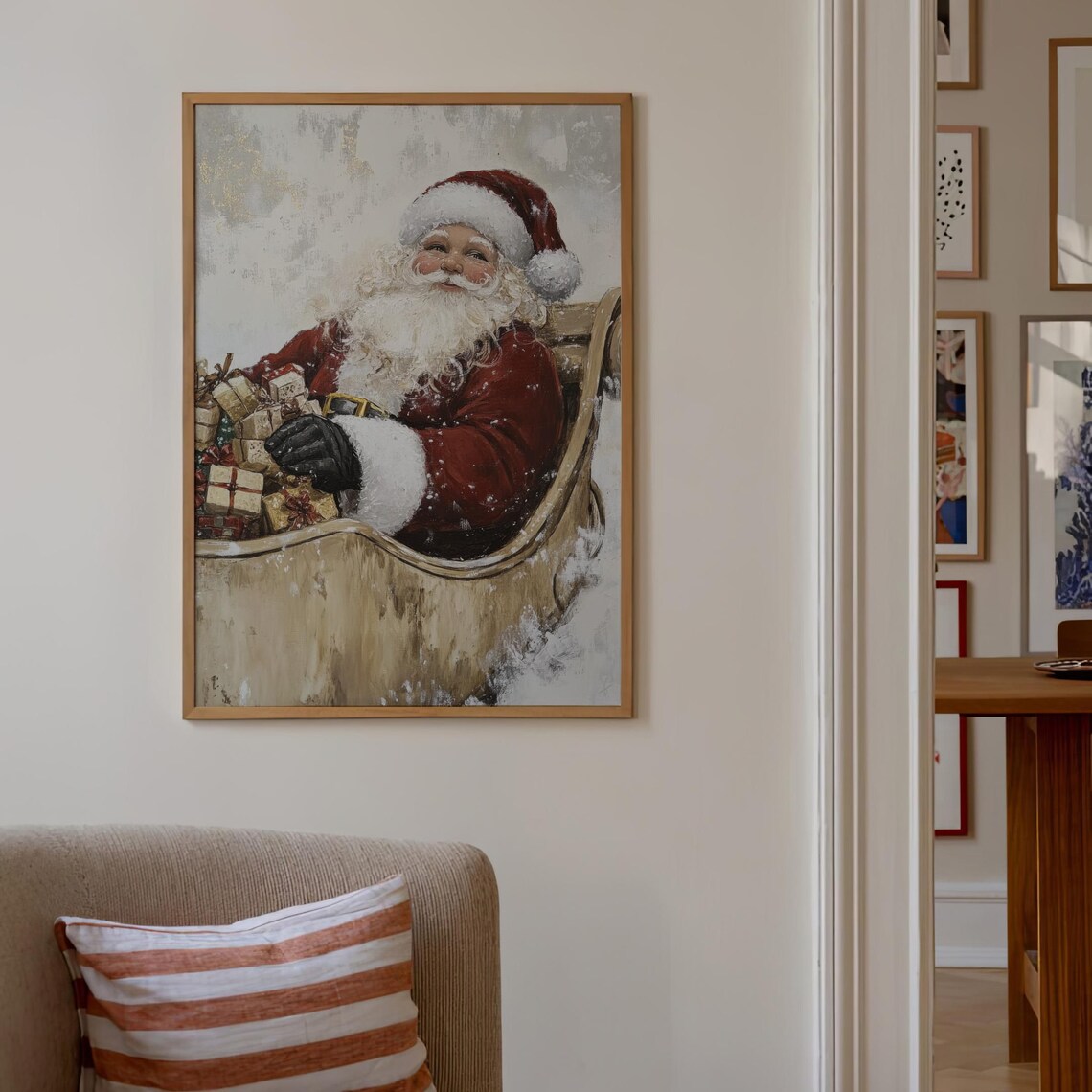 Jolly Santa Claus With Gifts Sleigh Vintage Christmas Painting Poster - Image 3