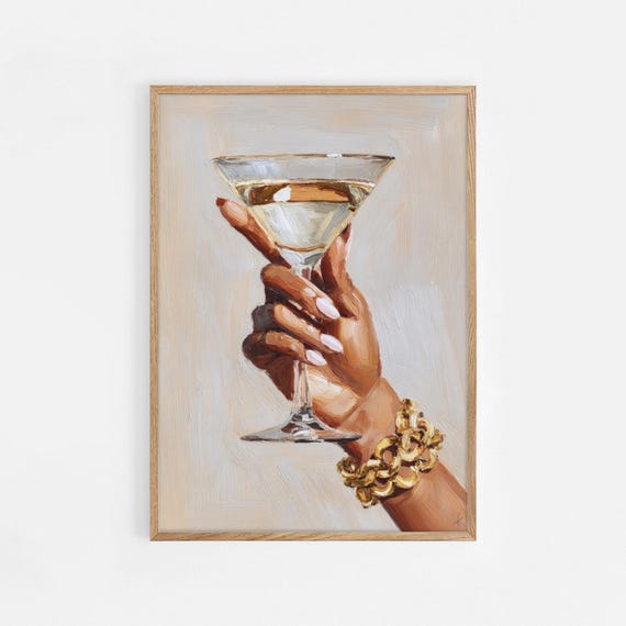 Luxury Cocktail Print Oil Painting Wall Art Elegant Woman Hand With Gold Jewelry Glamorous Decor 1148