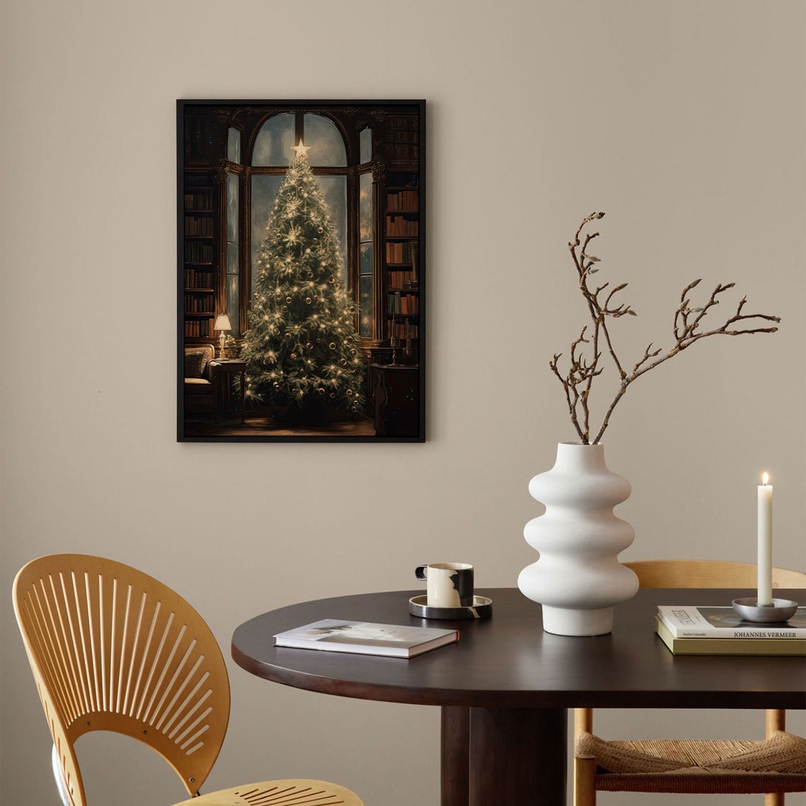 Christmas Tree Library Vintage Style Glowing Ornaments Holiday Poster - Image 3
