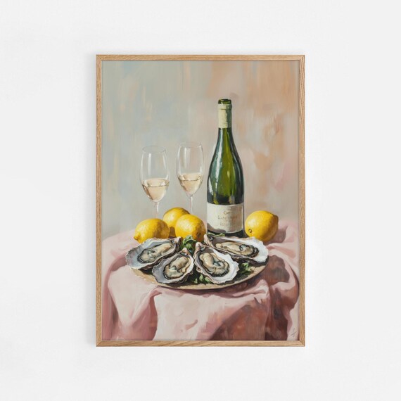 Afternoon Oysters Wine Sea Food Illustration Print Glass Of And Kitchen Decor Art Dinner Party Poster 943