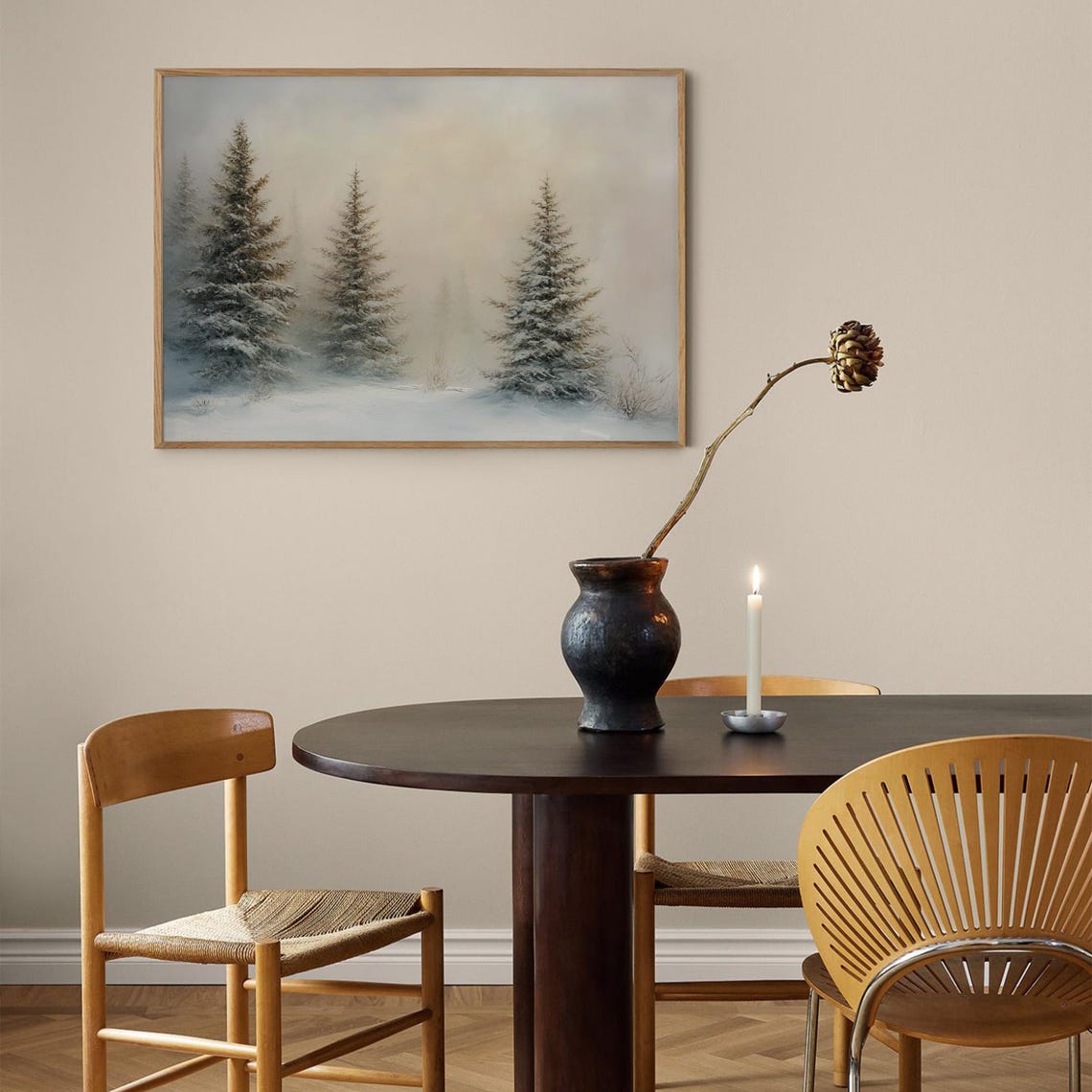 Foggy Winter Pine Trees Neutral Snowy Forest Landscape Poster - Image 3