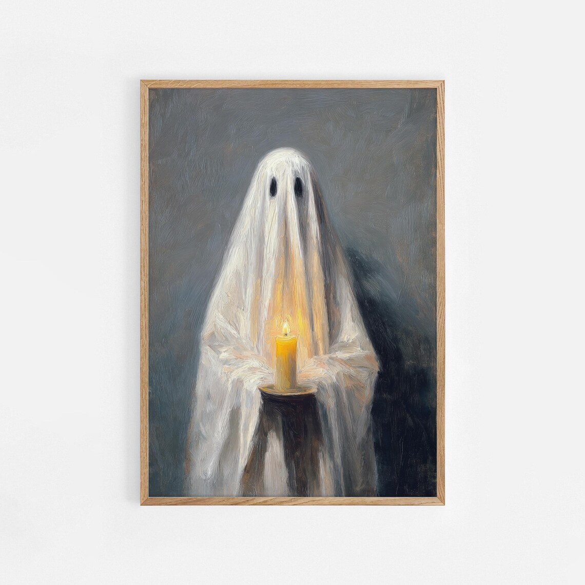 Cute Ghost Holding Candle Spooky Sweet Halloween Oil Painting Wall Art