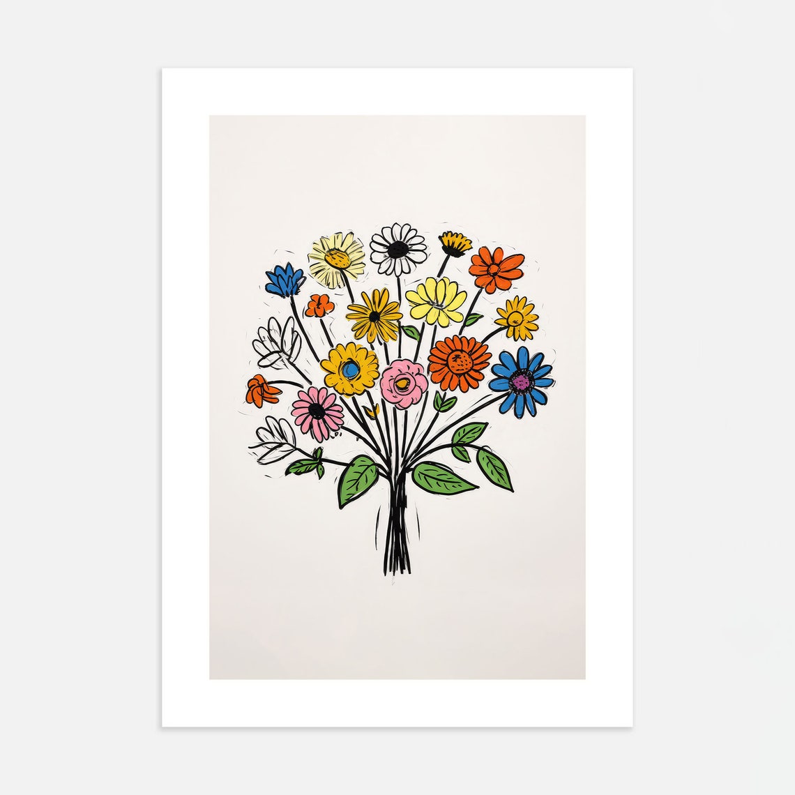 Colorful Hand Drawn Wildflower Bouquet Daisy Art Wall Poster - Image 2