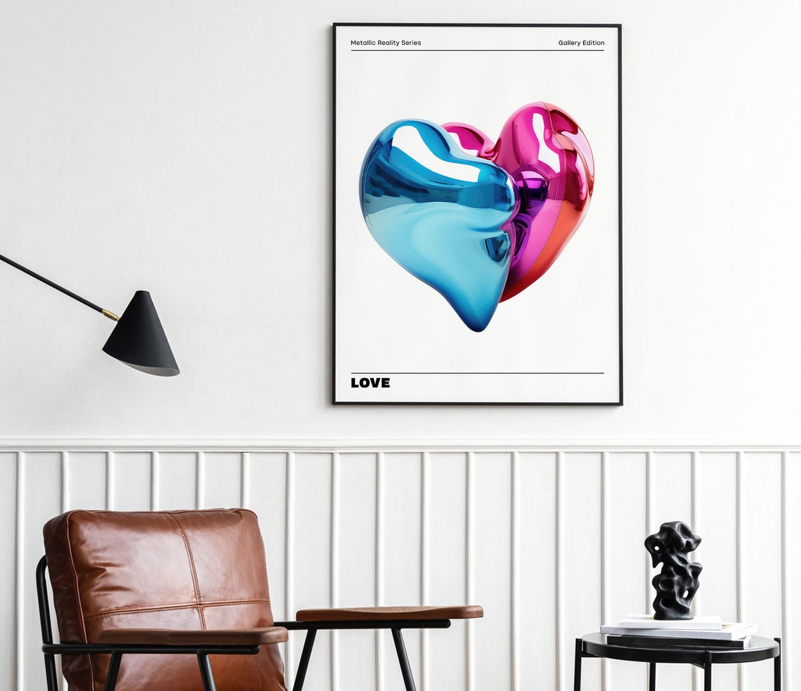 Metallic Blue Pink Chrome Heart Love Sculpture Pop Art Poster - Image 4
