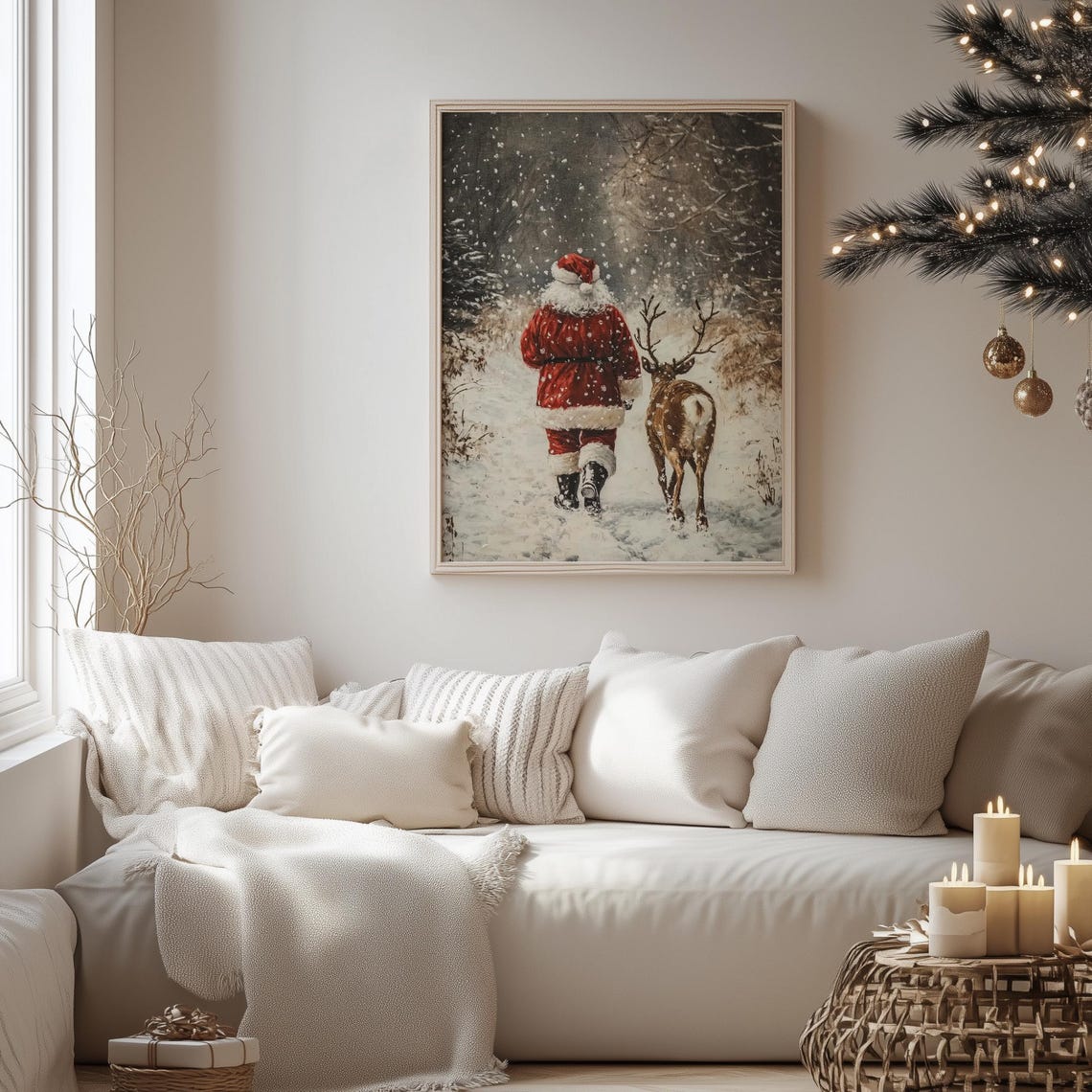 Santa Claus and Reindeer Snowy Forest Falling Snow Art Poster - Image 4