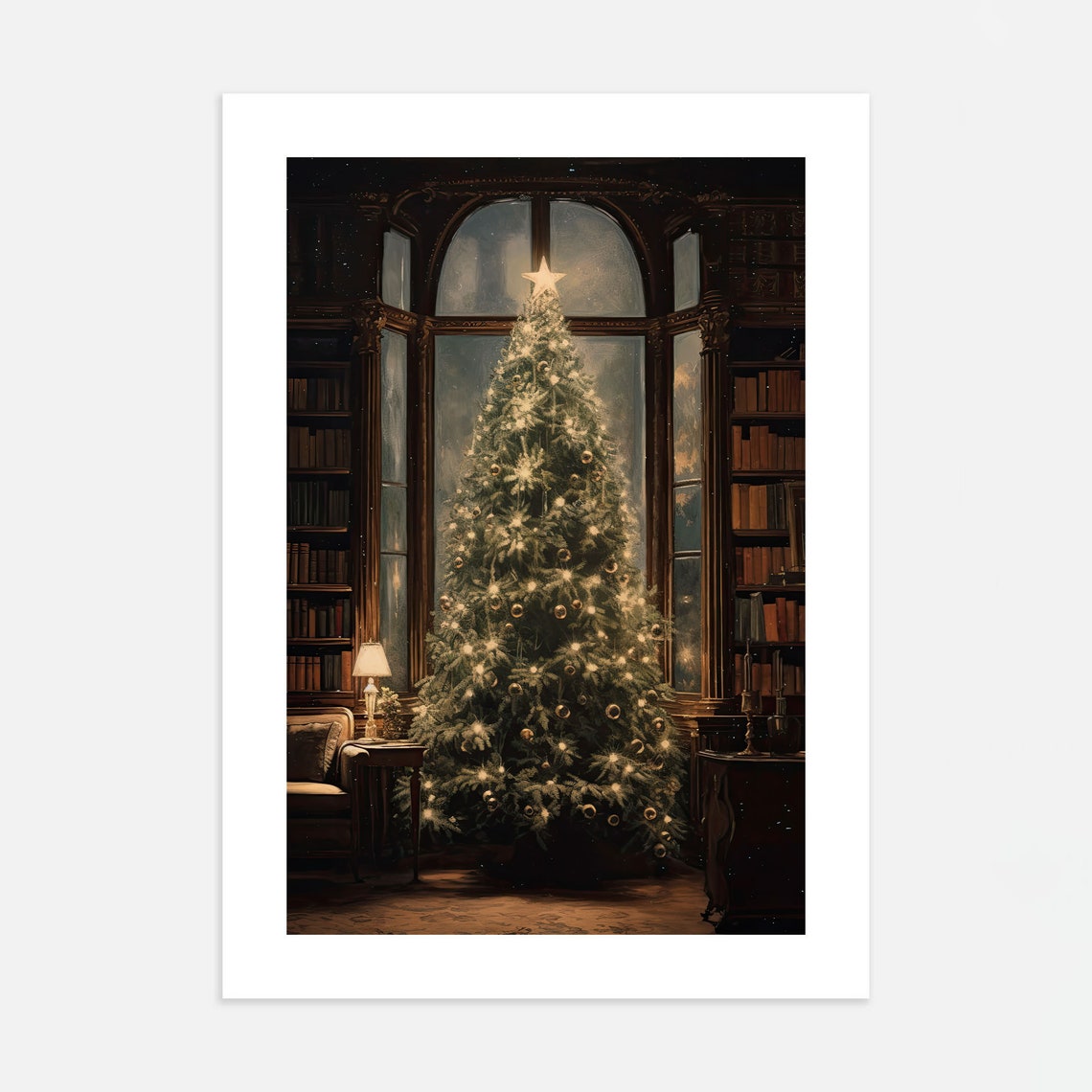 Christmas Tree Library Vintage Style Glowing Ornaments Holiday Poster - Image 4