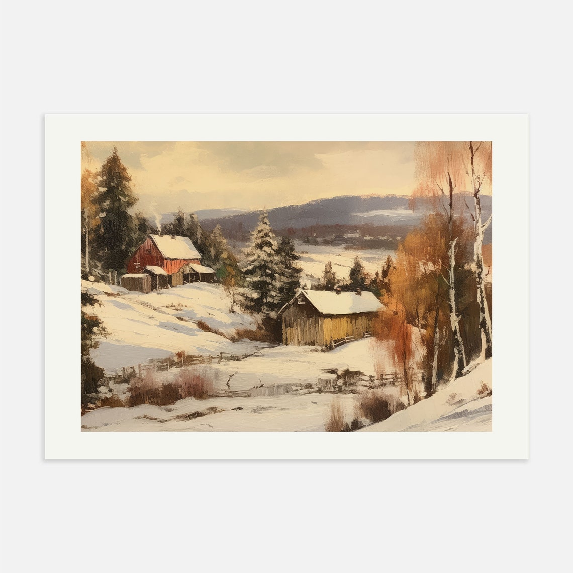 Snowy Red Barn Winter Countryside Vintage Landscape Wall Art - Image 4