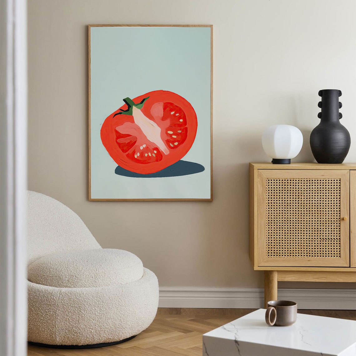Halved Red Tomato Sliced Open Modern Minimalist Kitchen Wall Art - Image 3