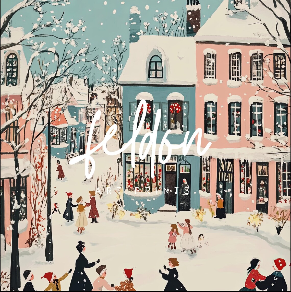 Whimsical Pastel Christmas Village Snow Dancing Scene Poster - Image 2