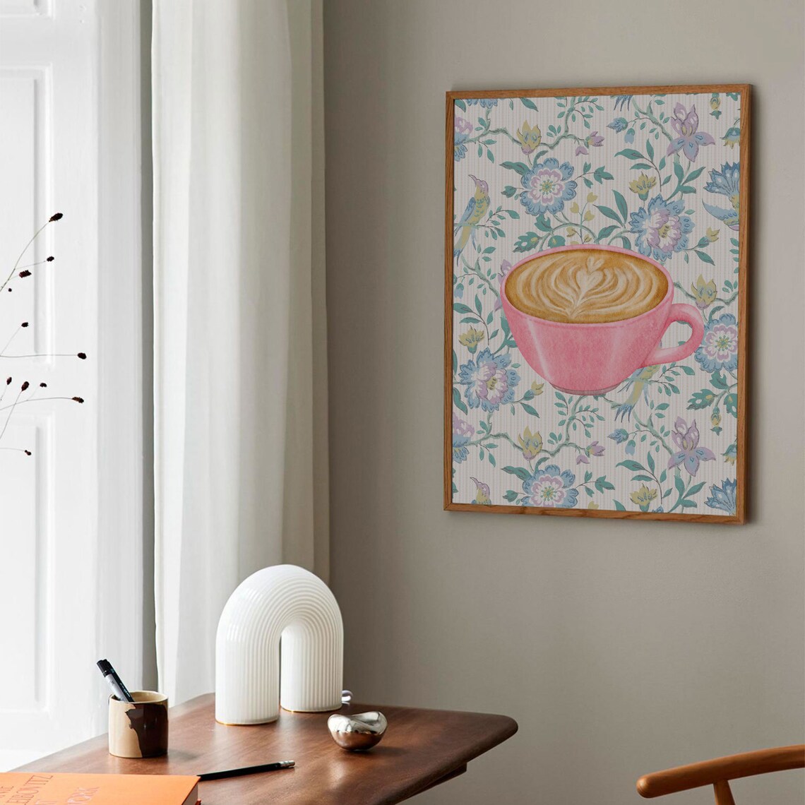 Pink Latte Cup Heart Art Floral Chintz Coffee Cozy Kitchen Poster - Image 3