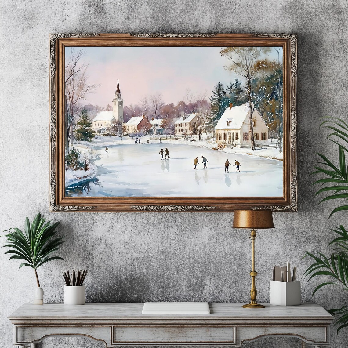 Vintage Ice Skating On Frozen Pond Snowy Village Winter Poster - Image 4