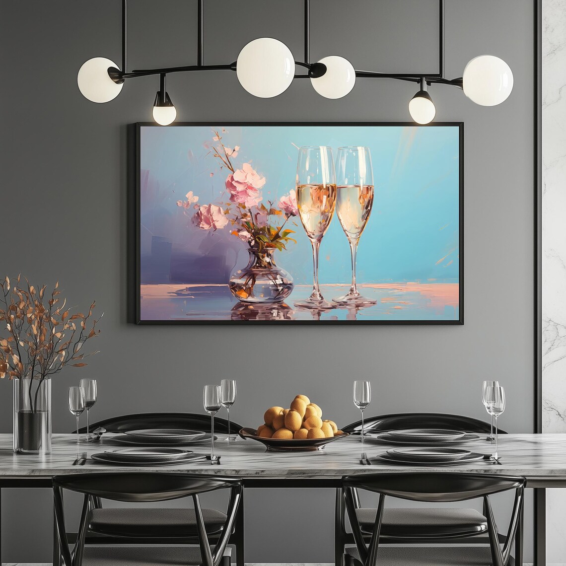 Champagne Glasses Pink Peonies Blue Background Celebration Wall Art Poster - Image 2