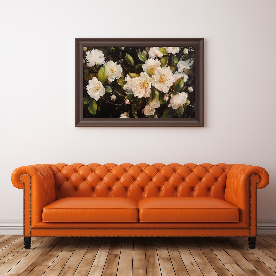 White Camellia Flowers On Dark Background Oil Painting Wall Art - Image 3