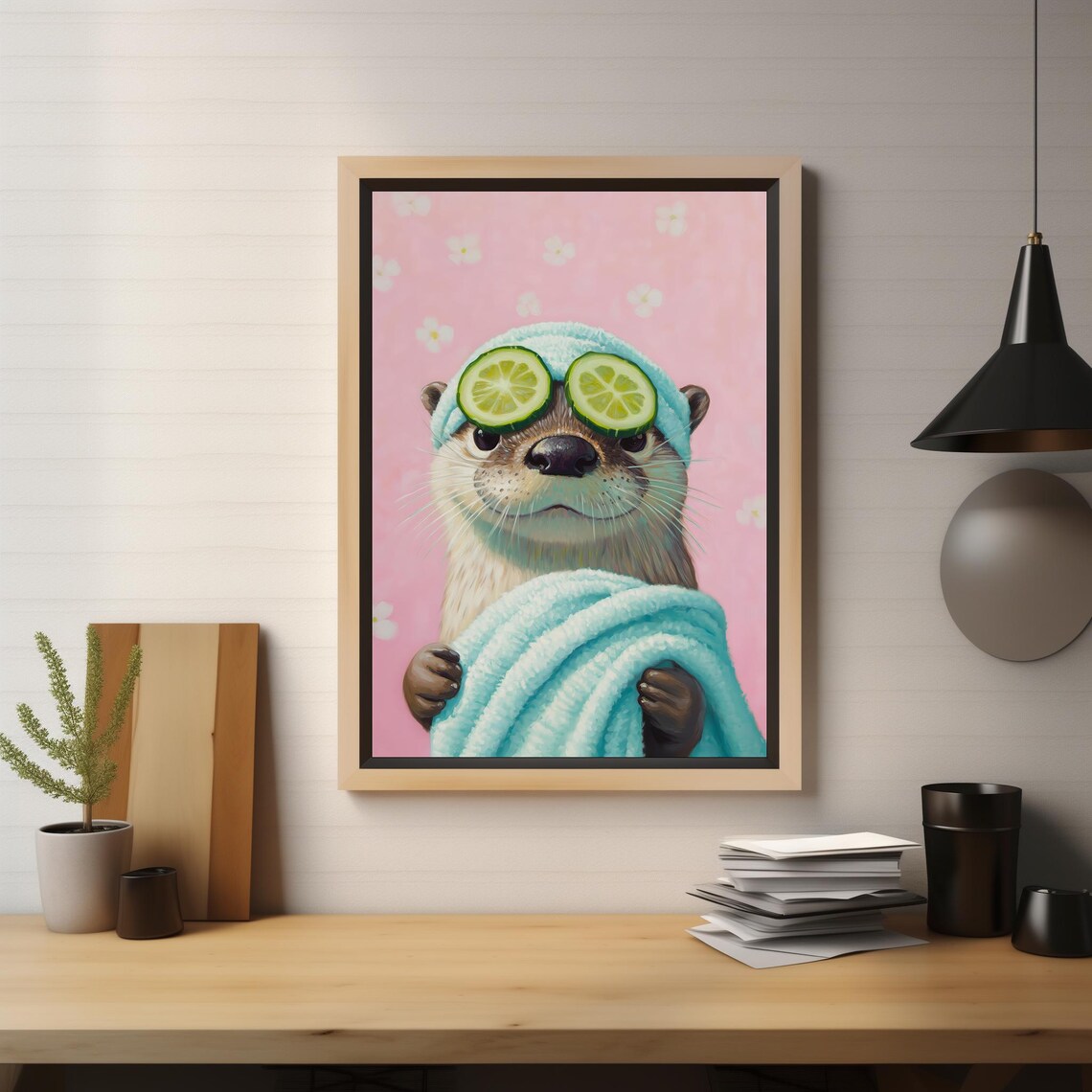 Funny Otter Spa Day Painting Cucumber Eyes Cute Pink Bathroom Wall Art - Image 2