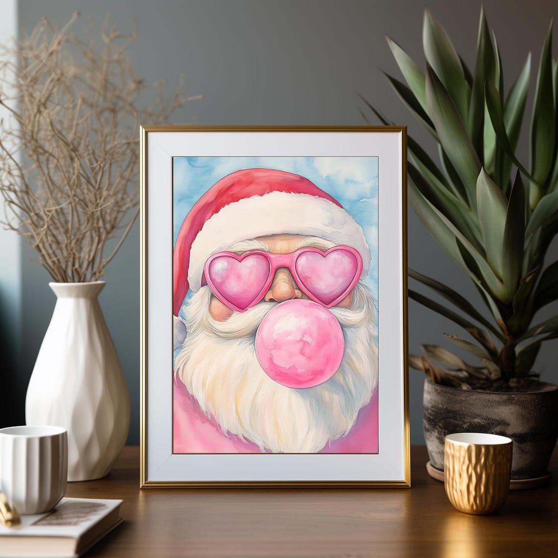 Pink Santa With Heart Sunglasses Blowing Bubblegum Christmas Poster - Image 2