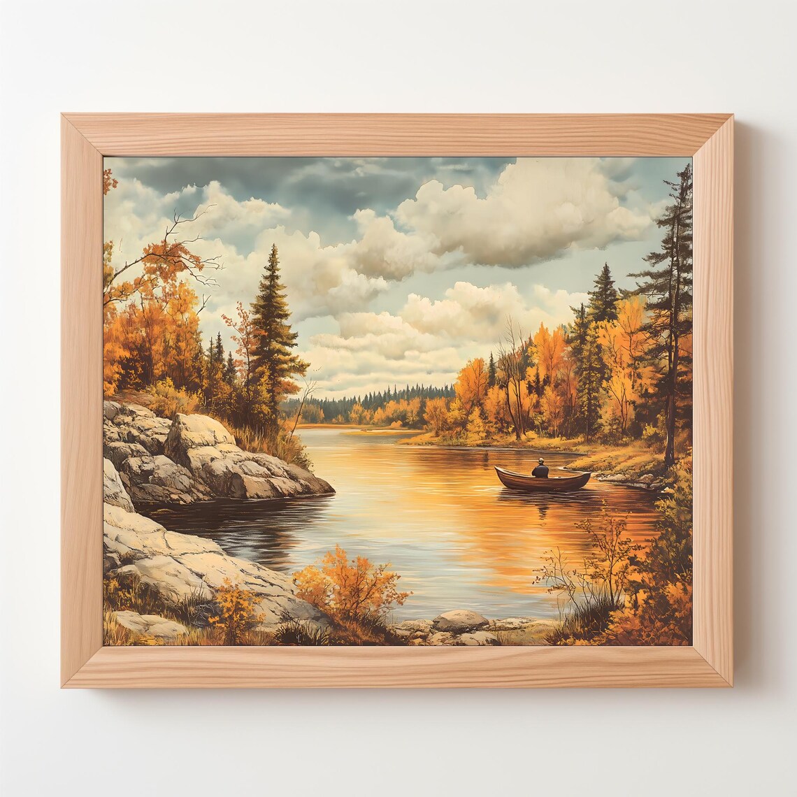 Autumn River Canoe Trip Golden Pines Rocky Shore Vintage Art Poster - Image 5
