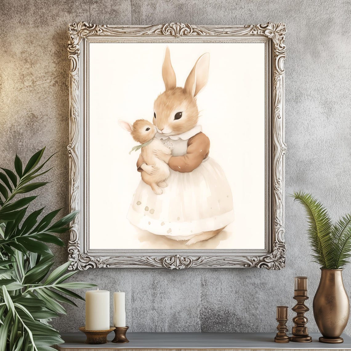 Mama Rabbit Holding Baby Bunny Vintage Nursery Kids Wall Art Poster - Image 2