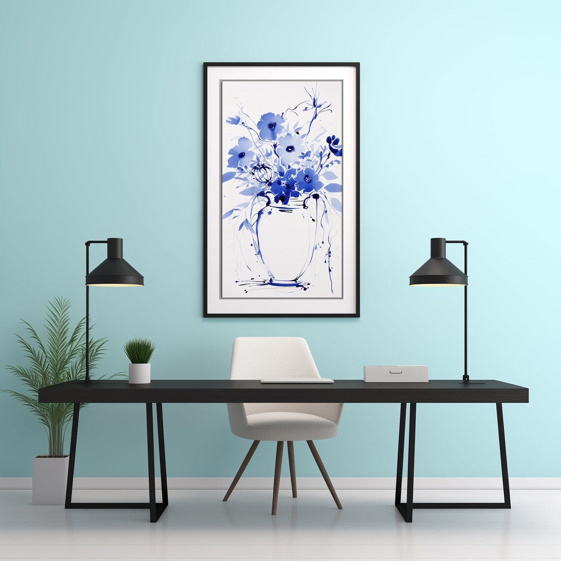 Blue Ink Botanical Floral Sketch Chinoiserie Style Minimalist Poster - Image 3