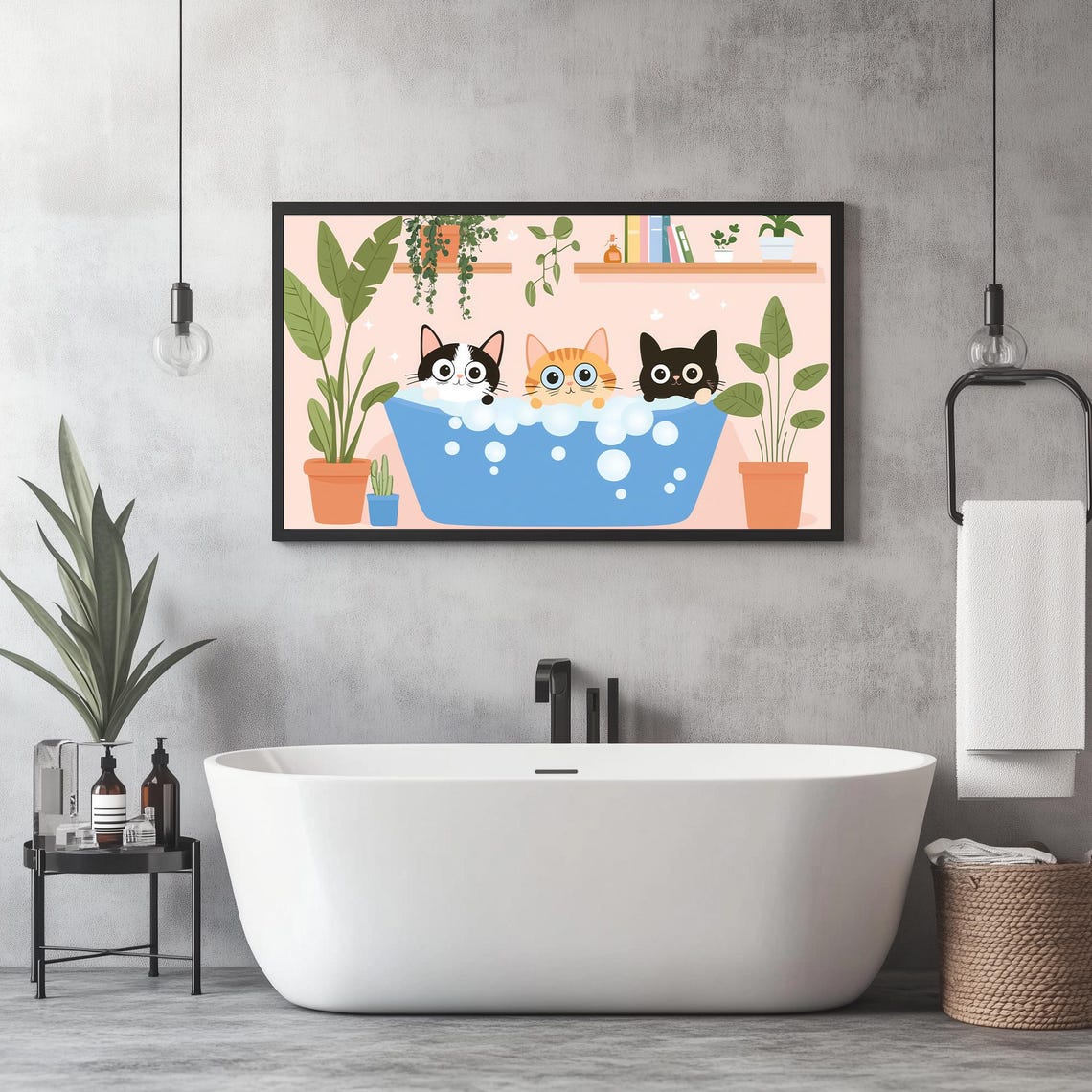 Three Cats In Bubble Bath Cute Bathroom Kitty Animal Cartoon Poster - Image 2