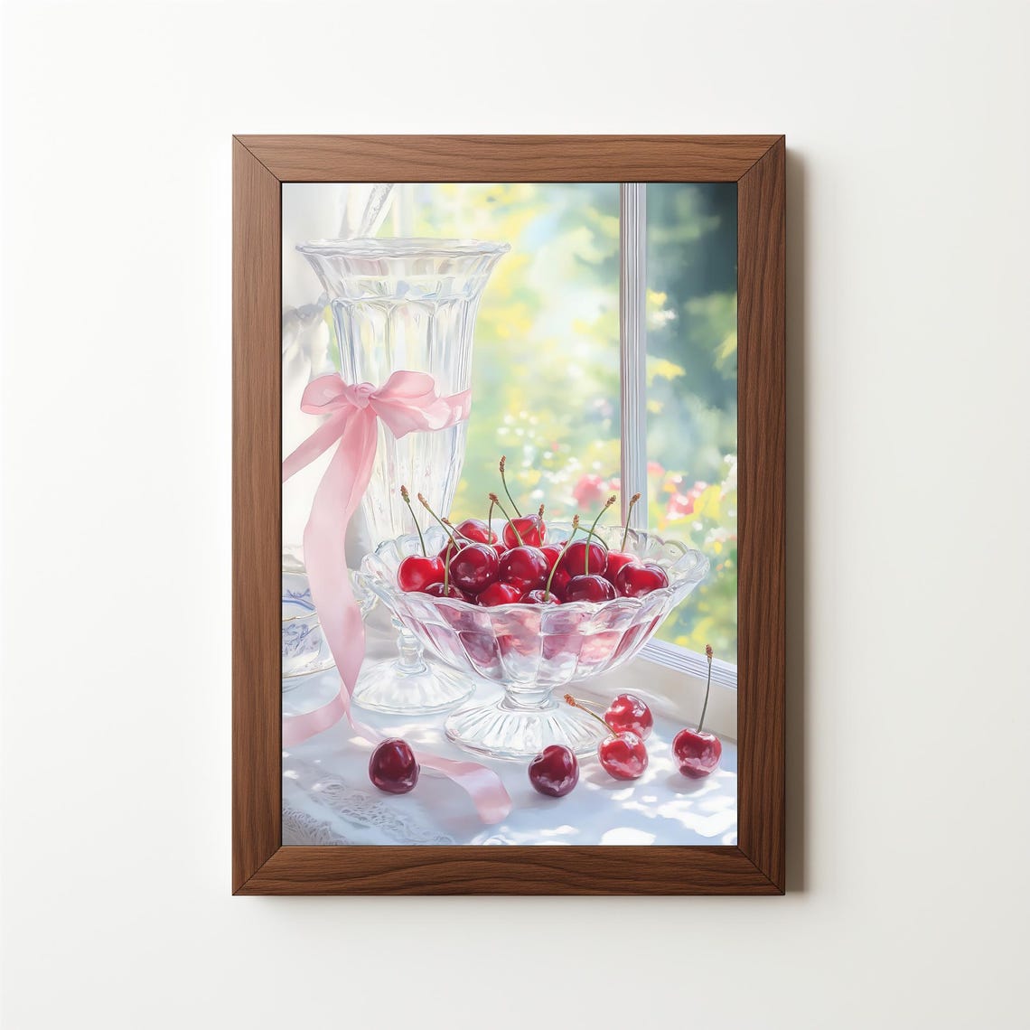 Cherry Still Life Crystal Bowl Pink Ribbon Sunny Window Kitchen Poster - Image 5