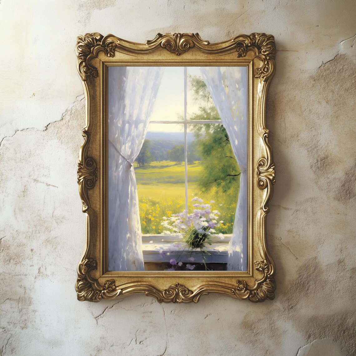 Sunlit Open Window Sheer Curtains Green Meadow View Vintage Art Print - Image 5