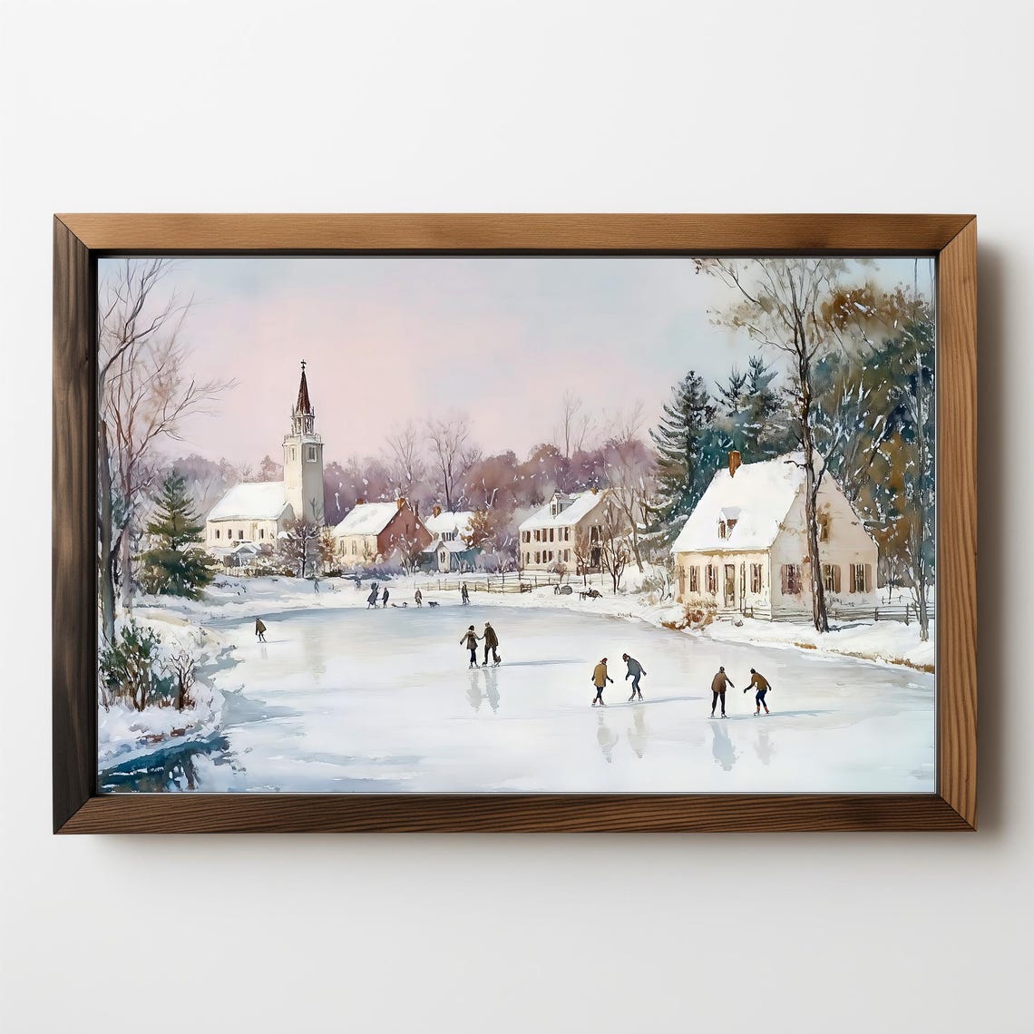 Vintage Ice Skating On Frozen Pond Snowy Village Winter Poster
