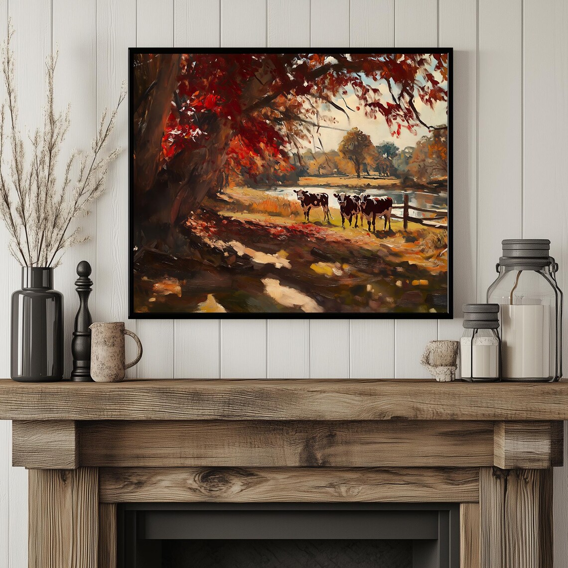 Autumn Cows By The Pond Red Foliage Countryside Farmhouse Art Poster - Image 4