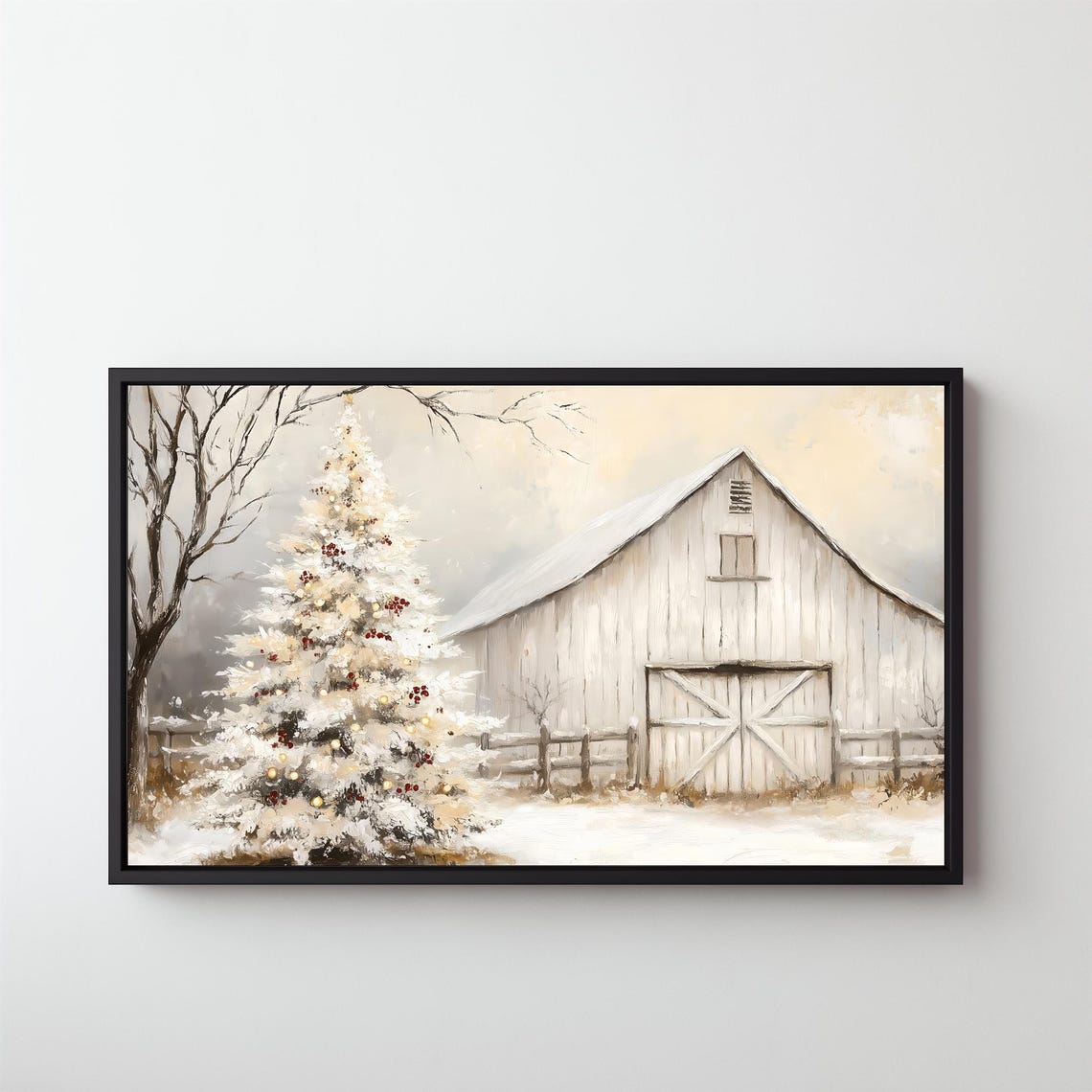 White Barn And Snowy Christmas Tree Rustic Winter Holiday Wall Art - Image 5