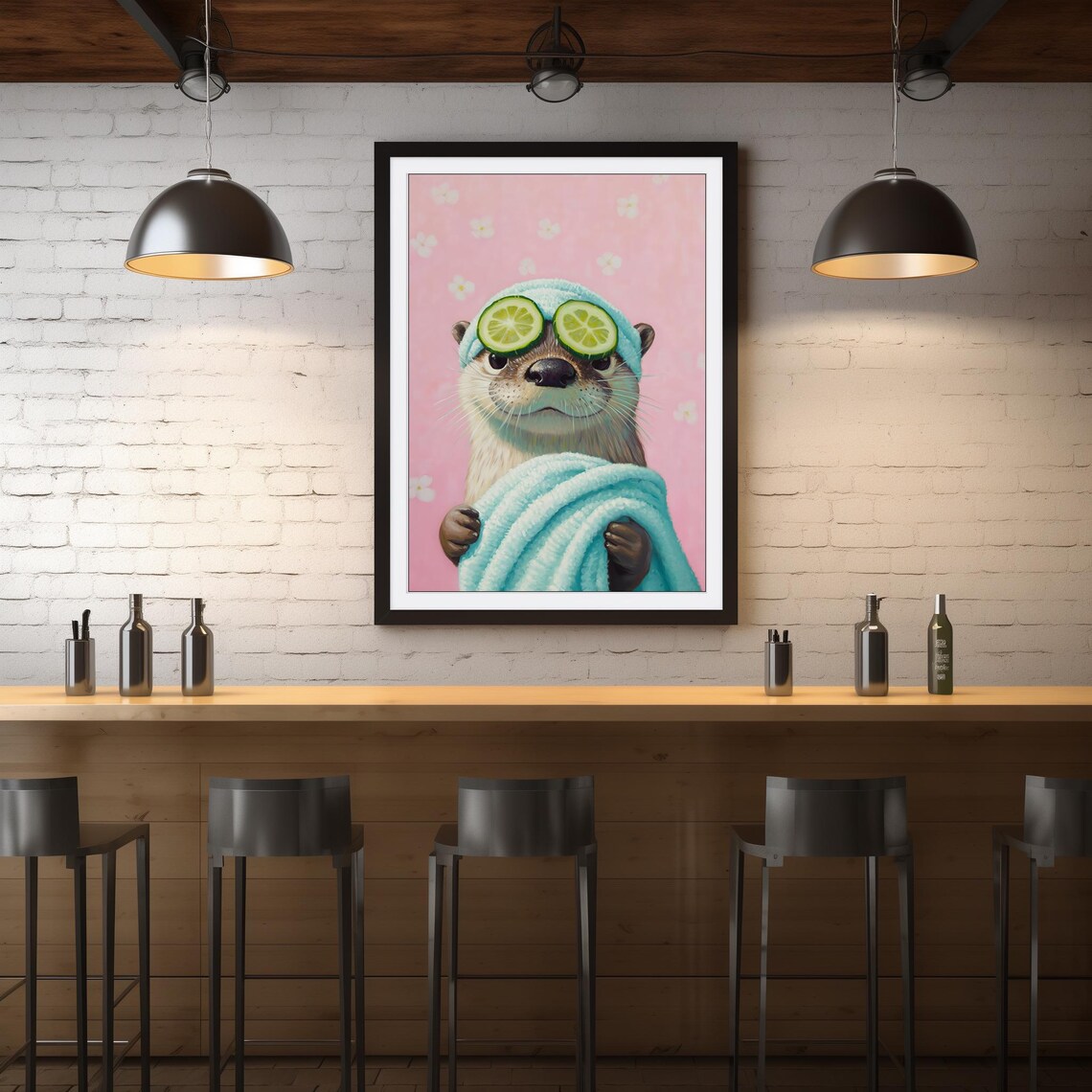 Funny Otter Spa Day Painting Cucumber Eyes Cute Pink Bathroom Wall Art - Image 3
