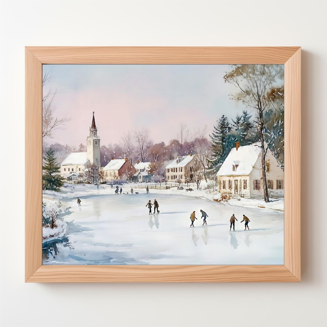 Vintage Ice Skating On Frozen Pond Snowy Village Winter Poster - Image 5