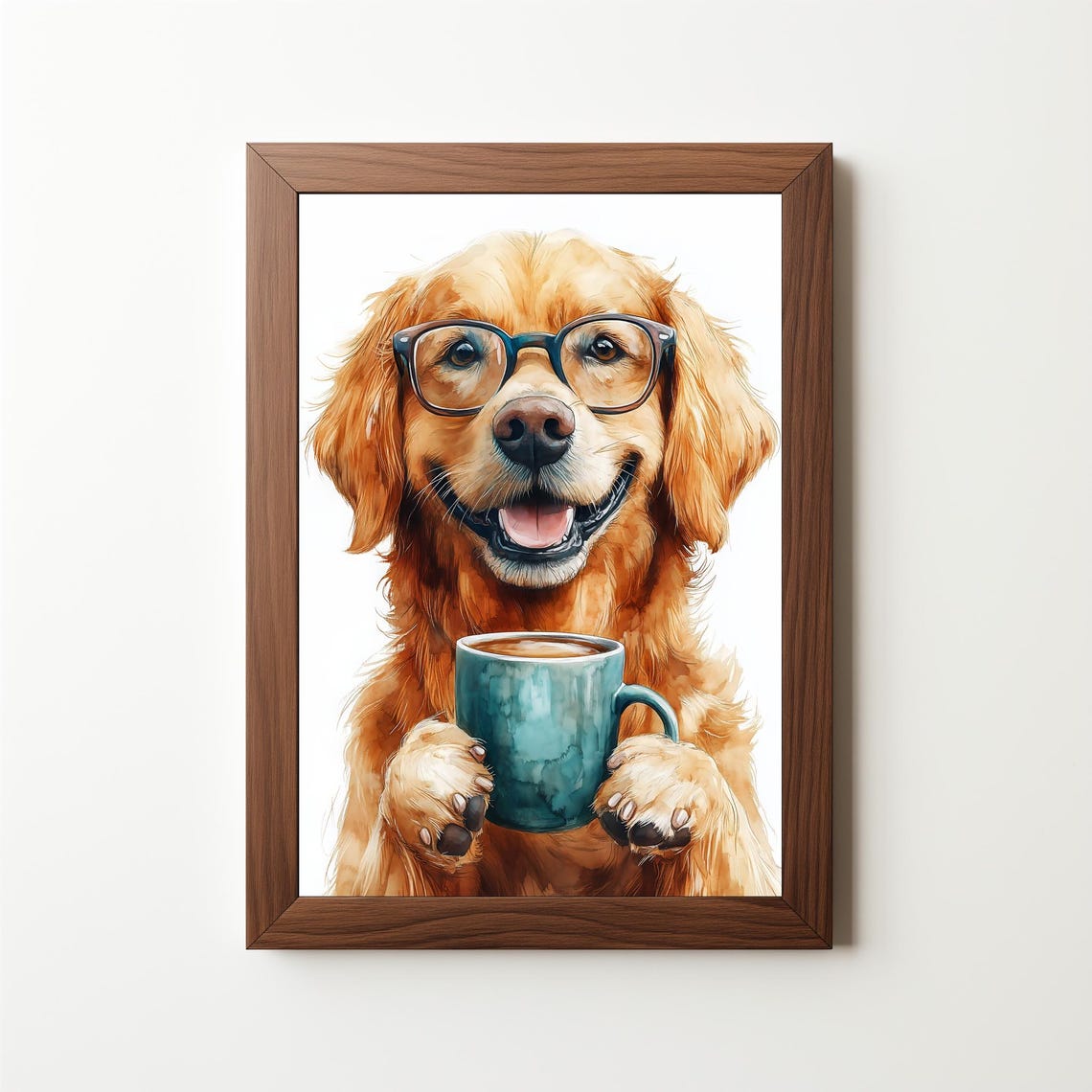 Golden Retriever Dog With Glasses Drinking Coffee Whimsical Wall Art - Image 5