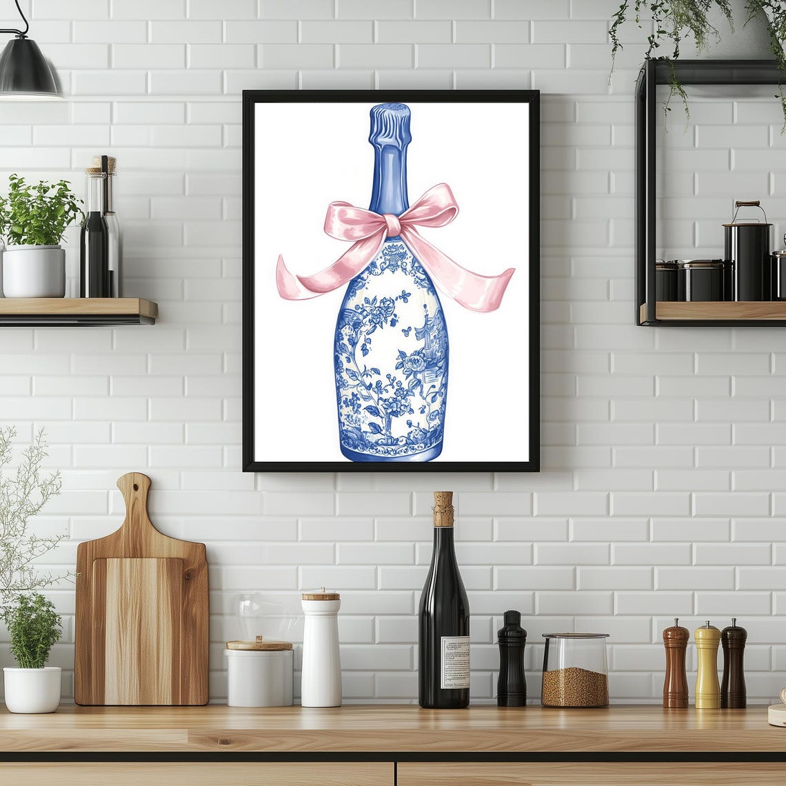 Chinoiserie Champagne Bottle With Pink Bow Blue White Art Poster - Image 2