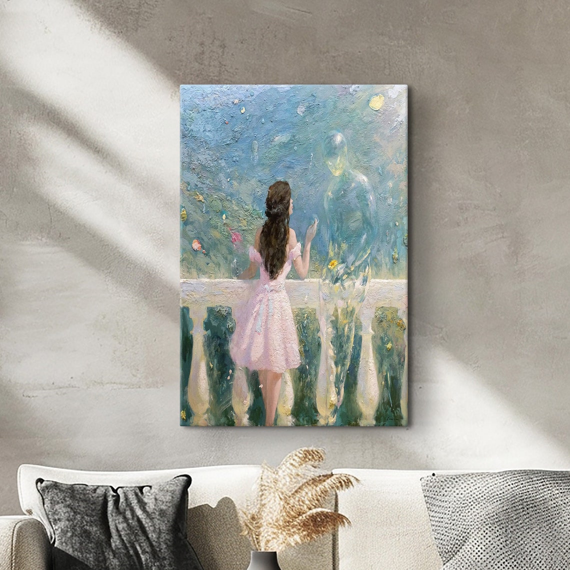 Young Woman Meeting a Ghostly Soulmate on a Balcony Art Poster