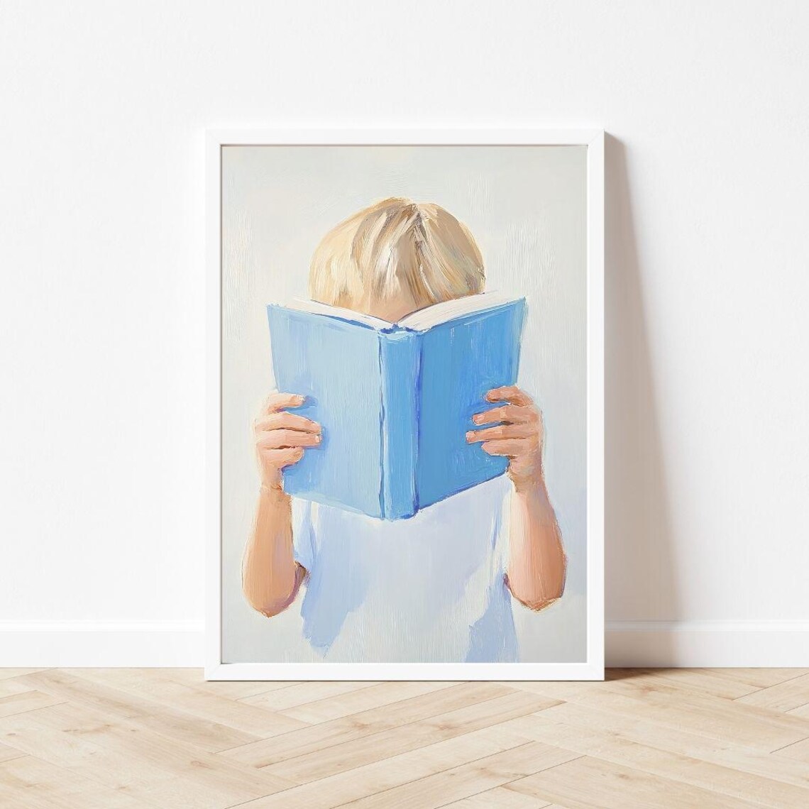 Blonde Boy Reading Blue Book Painting, Pastel Wall Art Print - Image 3