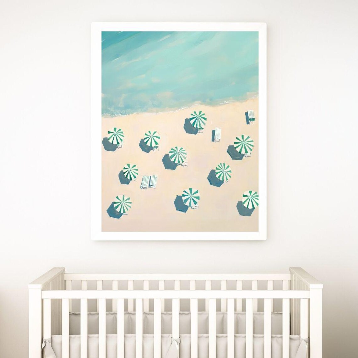 Aerial Beach with Green Striped Umbrellas Coastal Summer Poster - Image 2