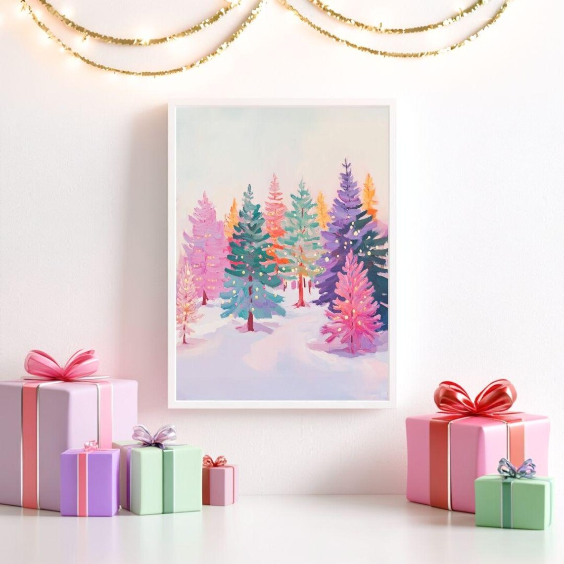 Colorful Christmas Trees, Winter Landscape Art Print - Image 2