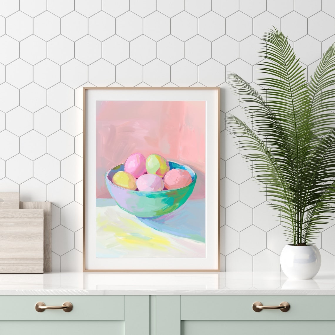 Pastel Easter Eggs in a Teal Bowl Spring Still Life Painting Poster - Image 2
