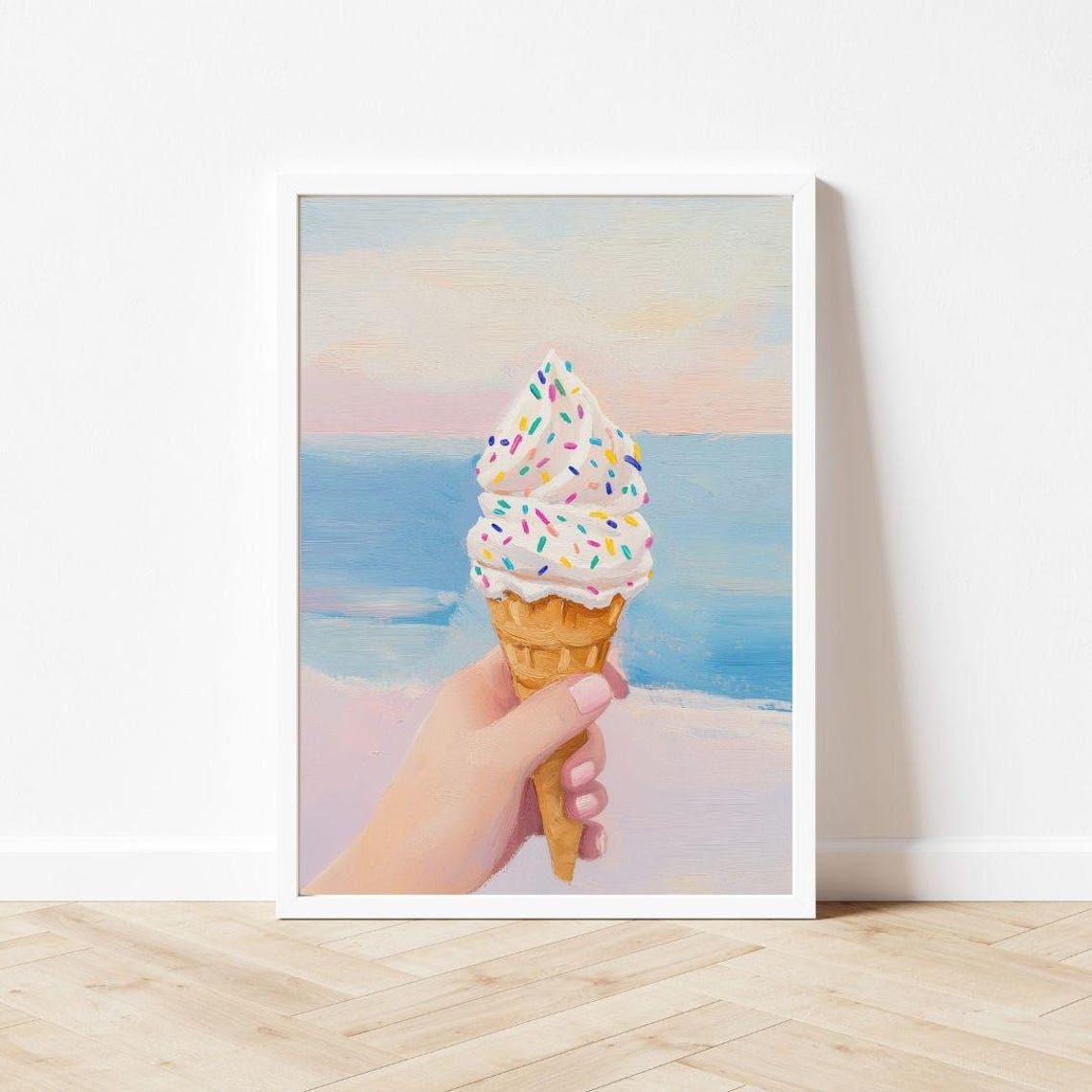 Hand Holding Sprinkle Ice Cream Cone at a Pastel Beach Poster - Image 3