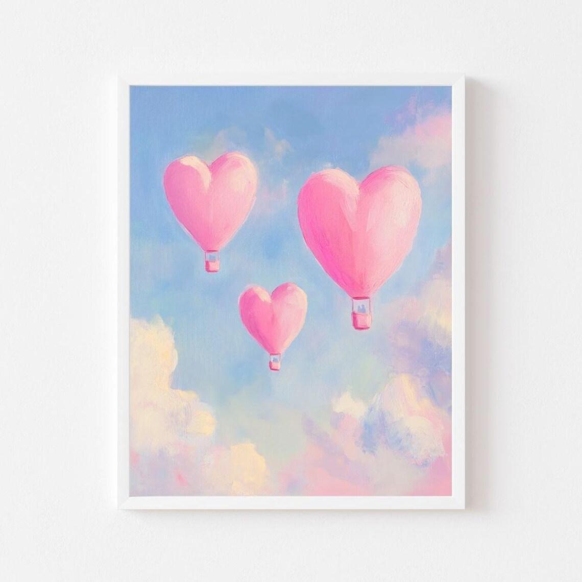 Pink Heart Hot Air Balloons Floating in a Blue Sky Painting Poster