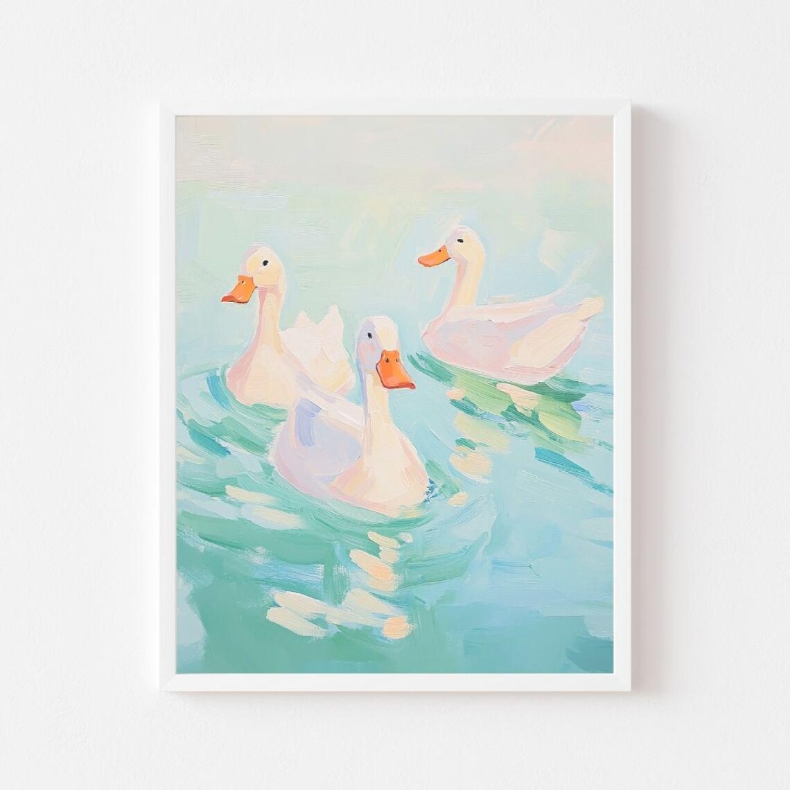 Three White Ducks Swimming on Turquoise Water Painting Poster