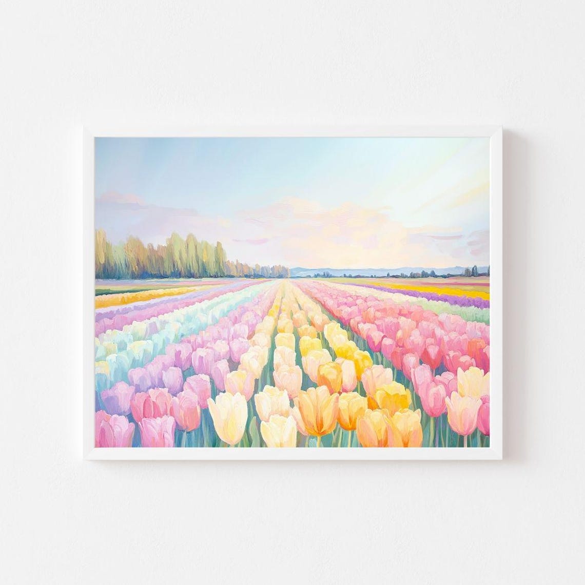 Rainbow Tulip Field Rows Pastel Spring Landscape Flower Farm Poster