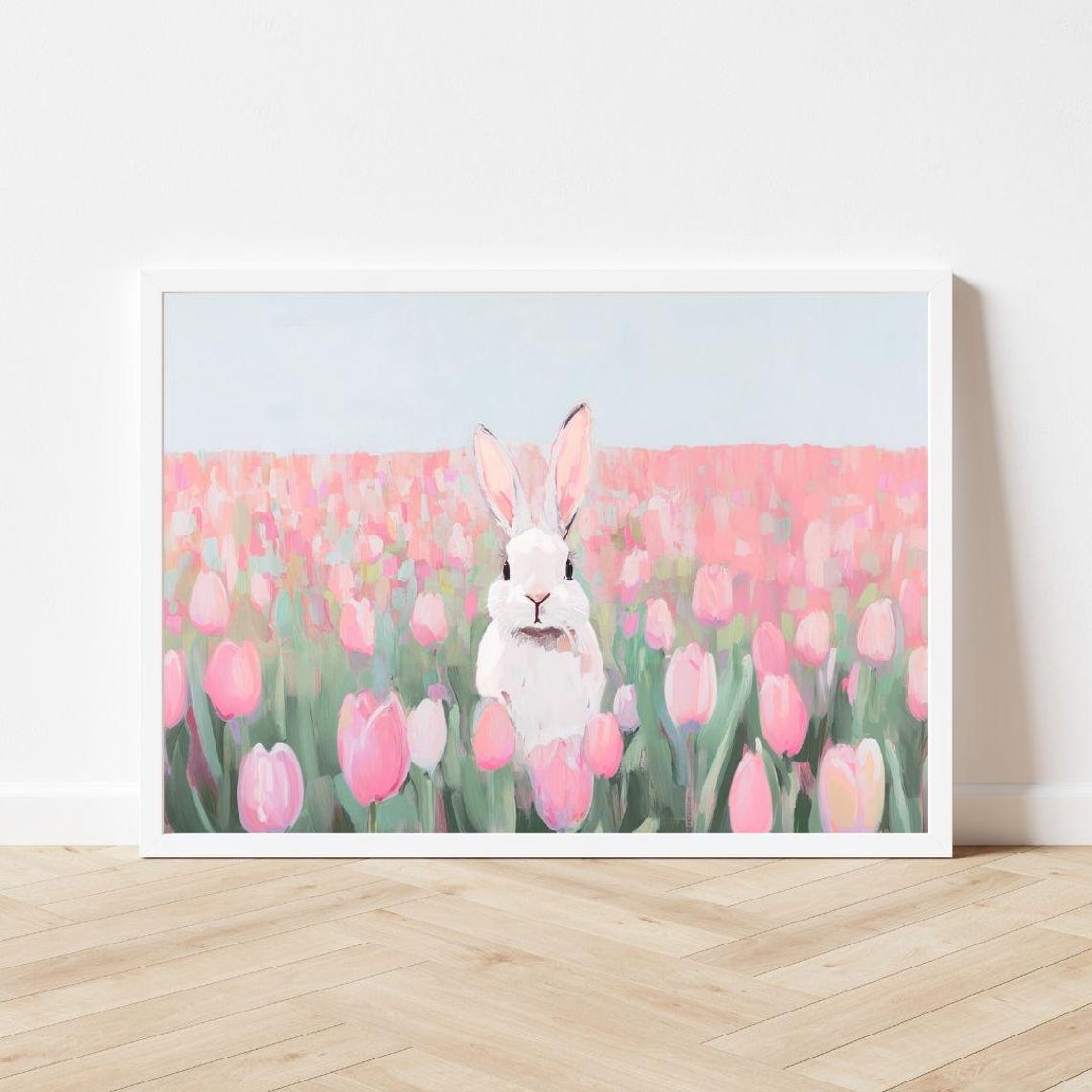 White Bunny In Pink Tulip Field Easter Pastel Painting Wall Poster - Image 3