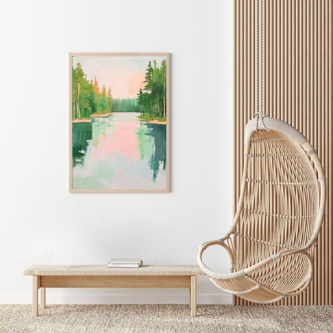 Green Lake and Trees, Vibrant Neon Forest Art Print - Image 2
