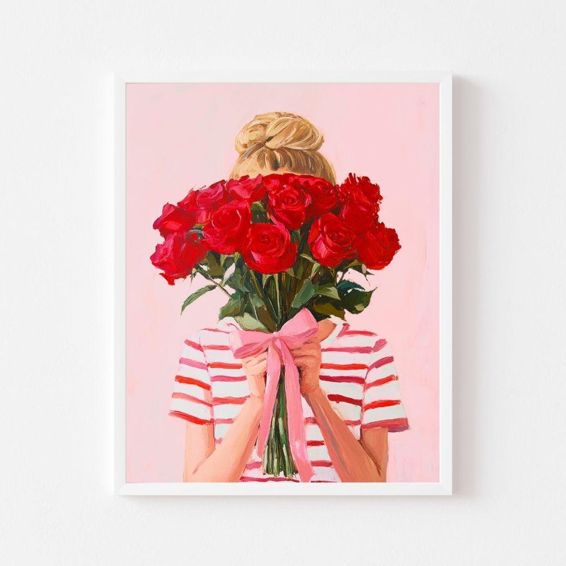 Girl Holding Red Rose Bouquet Painting Valentines Day Wall Art Print Pink Girls Room Preppy Pink Portrait